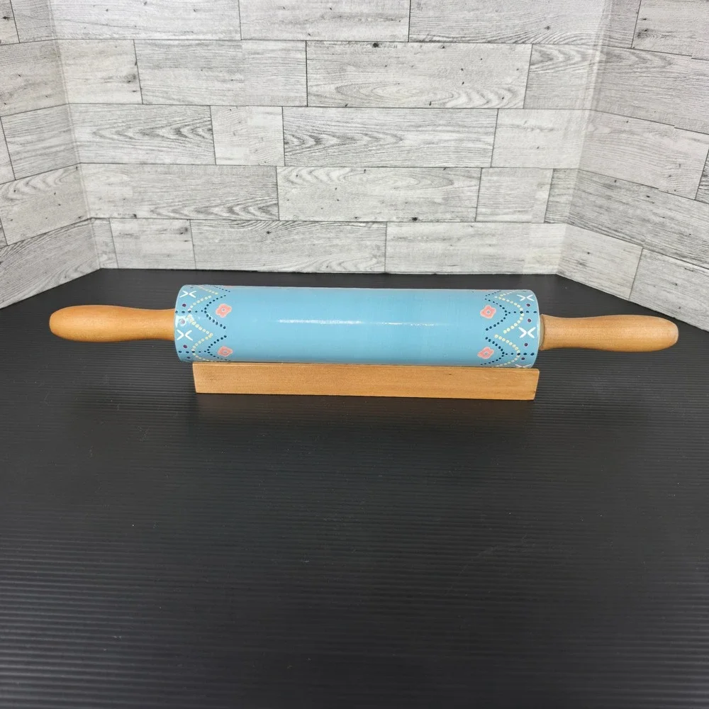 The Nordic Ceramic Rolling Pin Blue Floral with Wood Handles and Base